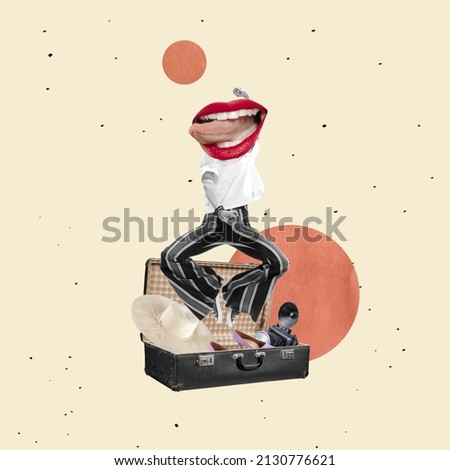 Contemporary art collage. Stylish woman with red mouth head dancing on vintage suitcase. Youth culture. Art in a surreal style. Concept of freedom, lifestyle, happiness, hippie. Copy space for ad