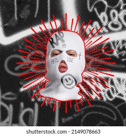 Contemporary Art Collage. Stylish Young Woman Wearing White Balaclava Isolated Over Black Background With White Lettering. Trendy Rapper. Youth Culture. Street Style. Concept Of Creativity, Fashion