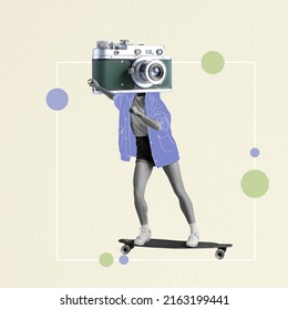 Contemporary art collage. Stylish young girl with retro camera head moving on skate. Reaching goals. Vintage style. Concept of surrealism, creativity, inspiration. Modern artwork. Youth culture - Shutterstock ID 2163199441