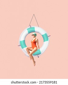 Contemporary art collage. Stylish young girl in swimming suit and cap sitting on lifebuoy isolated over peach background. Concept of summer, mood, creativity, party, fun. Copy space for ad, poster