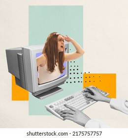 Contemporary Art Collage. Stylish Young Girl Sticking Out Computer Monitor. Searching New Job Vacancy. Concept Of Creativity, Business, Employment, Motivation. Copy Space For Ad. Retro Design