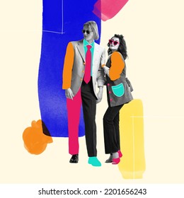 Contemporary Art Collage. Stylish Young People, Man And Woman, Posing, Fashion Show. Concept Of Creativity, Youth Lifestyle, Party, Retro, Vintage, Fashion. Bright Design. Copy Space For Ad And Text