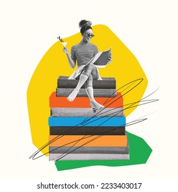 Contemporary art collage. Stylish young woman sitting on books and reading. Cheeful studying. New information. Concept of education, student lifestyle, book reading, discovery, artwork and ad