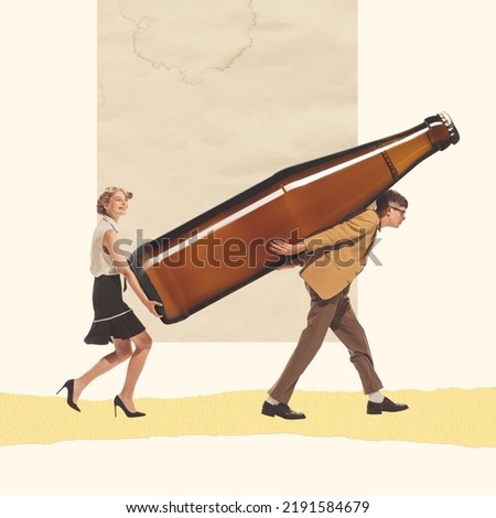 Contemporary art collage. Stylish young couple in retro clothes carrying giant beer bottle. Festival preparation. Concept of party, festival, leisure time, Oktoberfest. Copy space for ad