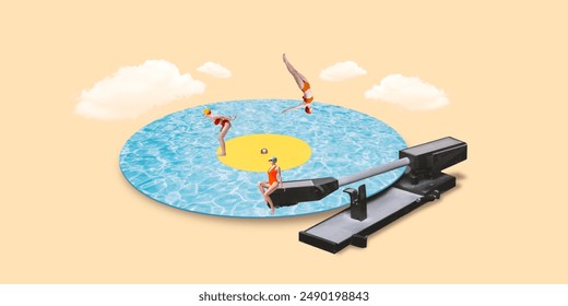 Contemporary art collage. Swimmers in vintage swimsuits performing on vinyl record that resembles pool against peach background with clouds. Concept of retro summer, music, surrealism, holidays - Powered by Shutterstock