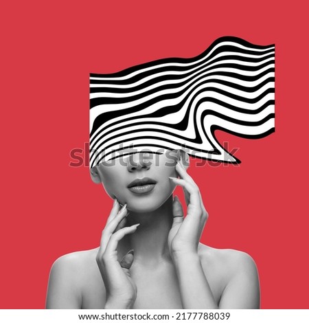 Contemporary art collage. Tender girl with hypnotic, optical illusion design instead her eyes isolated over red background. Making influence. Creative mind. Concept of psychology, social life