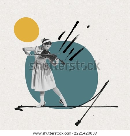 Contemporary art collage. Tender young retro woman playing violin. Classical music performer. Pastel art style. Concept of creativity, retro style, music lifestyle, design. Copy space for ad, poster