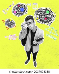 Contemporary Art Collage Of Thinking Student Boy. Tangled Thoughts Around Head. Solving Heavy Tasks. Complicated Math Formulas On Neon Yellow Background. Concept Of Online Study, Education, Ad