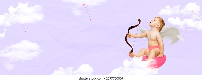 Contemporary Art Collage. Toddler Boy In Character Of Cupid Sending Love Hearts Isolated Over Clouds Purple Background. Happy St. Valentine's Day. Concept Of Holiday, Childhood, Love, Ad