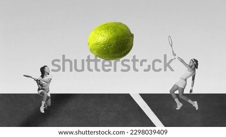 Contemporary art collage with two beautiful girls playing tennis and using lime instead of ball over black and white background. Sport, healthy lifestyle, food, nutrition, dietary, beauty concept