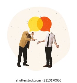Contemporary art collage. Two business peoprl talking, man giving advice, help to another employee. Modern desig. Productive communication. Concept of business, cooperation, assistance, growth - Shutterstock ID 2113170065