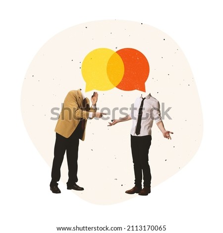 Contemporary art collage. Two business peoprl talking, man giving advice, help to another employee. Modern desig. Productive communication. Concept of business, cooperation, assistance, growth