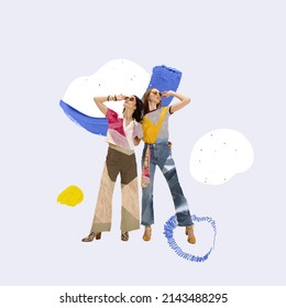 Contemporary art collage. Two fashionable young women wearing handmade cloth from different materials. Environmental problems. No plastic usage. Save earth from non recyclable materials - Shutterstock ID 2143488295