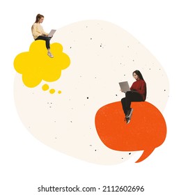 Contemporary art collage. Two girls, employees sitting on speech bubble and chatting on laptop. Online business communication and cooperation. Concept of business, network, teleworking