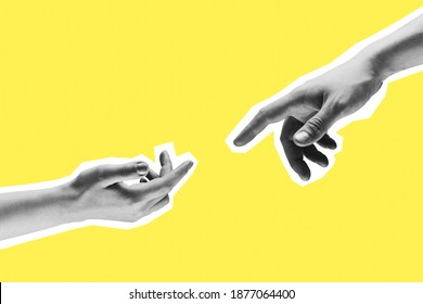 Contemporary art collage. Two hands male and female reaching towards each other. - Shutterstock ID 1877064400
