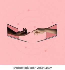 Contemporary art collage of two hands sticking out laptop screen reaching out towards each other isolated over pink background. Concept of online communication, network. Copy space for ad