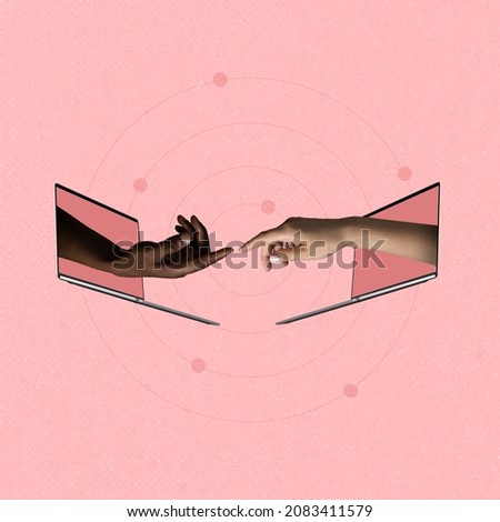 Contemporary art collage of two hands sticking out laptop screen reaching out towards each other isolated over pink background. Concept of online communication, network. Copy space for ad