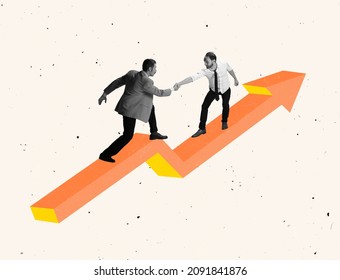 Contemporary art collage of two men, employees shaking hands standing on red arrow symbolizing growth and success. Concept of career, achievement, goal, success, challenge. Copy space for ad