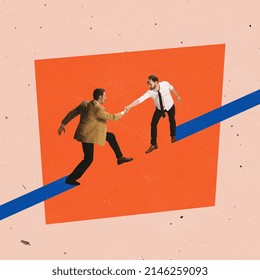 Contemporary art collage. Two men, employees shaking hands symbolizing partnership and support. Company growth. Concept of career, achievement, goal, success, challenge, cooperation. Copy space for ad