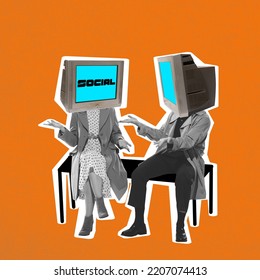 Contemporary Art Collage. Two People With Computer Monitor Heads Talking. Online Remote Communication Via Internet. Concept Of Social Media, Influencer, News, Communication. Copy Space For Ad, Poster