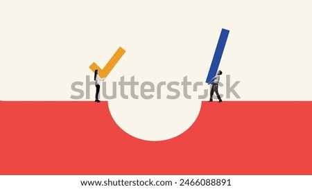 Contemporary art collage. Two people stand on opposite sides of gap, one holding orange check mark and other blue bar. Overcome challenges. Concept of business acquisition, cooperation, teamwork.