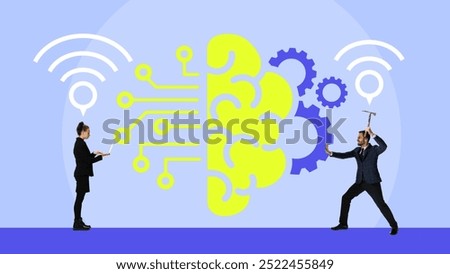Contemporary art collage. Two professionals connected through brainpower and technology, bridging gaps with digital solutions in industrial environments. Concept of business and technology, connect.