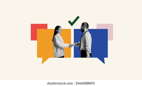 Contemporary art collage. Two young people standing in speech bubbles and shaking hands. Meeting an make deals online. Concept of partnership, business acquisition, deals, cooperation, teamwork. Ad