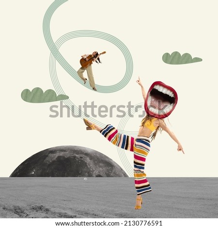 Contemporary art collage. two young cheerful girls dancing and playing guitar, having fun. Creative design. Retro, vintage style. Concept of hippie lifestyle, youth culture, freedom. Copy space for ad