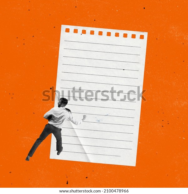 Contemporary art collage. Vintage design. Businessman\
with huge paper sheet isolated over orange background. Concept of\
business, career, surrealism, creativity, writting letters, retro,\
style, ad