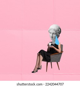 Contemporary art collage. Woman with antique statue head sitting on chair, drinking coffee and crying. Sad emotions, feelings. Inspiration, idea, trendy magazine style. Surrealism.