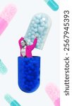 Contemporary art collage. Woman emerges from within giant pill capsule, lifting its top half, as escape or discovery in world of medication. Concept of seasonal ill, pharmaceutical, disease. Ad