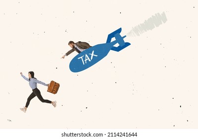 Contemporary art collage. Woman, employee, office worker running from flying tax rocket. Trying to avoid taxation. Concept of business, money, payment, funding, problems, occupation