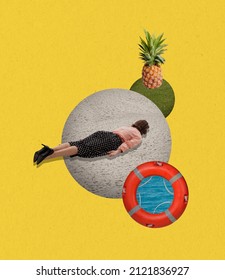 Contemporary Art Collage. Woman Lying On Sand Over Pinapple And Swimming Circle Isolated On Yellow Background. Dreaming About Vacation. Concept Of Summer, Holiday, Artwork, Surrealism, Vintage