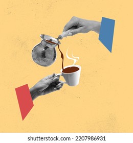 Contemporary art collage. Woman pouring warm coffee into cup from coffee cezve. Lunch break . Comfortable meeting. Concept of surrealism, creativity, retro style. Copy space for ad, poster
