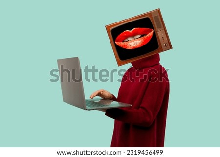 Contemporary art collage, woman prints something on laptop and old tv instead of head. Modern style poster culture concept. Television manipulation and brainwashing. Mass media propaganda control