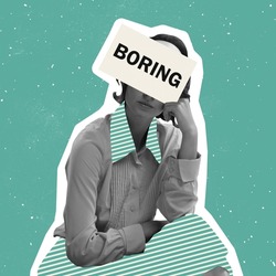 Contemporary Art Collage Of Woman In Retro Suit Sitting In Boredom Isolated Over Green Background. Text Element On Face. Concept Of Social Issues, Mentality, Psychology, Support. Copy Space For Ad