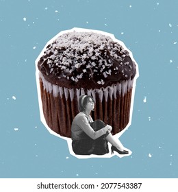 Contemporary Art Collage Of Woman In Retro Style Suit Sitting Near Chocolate Muffin With Coconut Flakes Isolated Over Blue Background. Hiding From Snow. Concept Of Winter, Creativity, Food And Ad