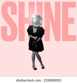 Contemporary art collage. Woman in retro dress and disco ball head dancing isolated over pink background. Party time. Concept of surrealism, creativity, comparison of eras, fun, bright design