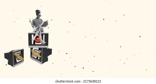 Contemporary Art Collage Of Woman Sitting On Retro Tv Set And Reading Magazine Isolated Over Light Background. Concept Of Creativity, Imagination, Inspiration, Artwork, Retro Style And Ad