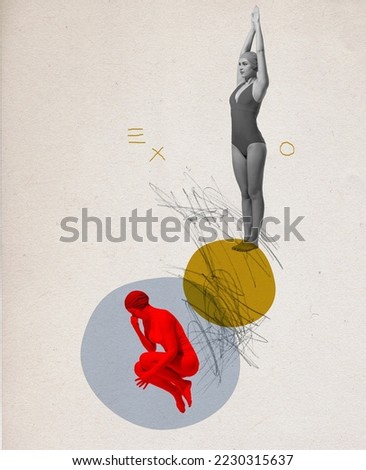 Contemporary art collage. Woman in swimming suits diving into sea. Summertime holiday. Concept of summer, mood, creativity, imagiation, party, retro style, fun. Copy space for ad, poster