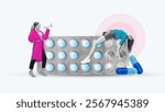 Contemporary art collage. Woman in vibrant coat holds megaphone, standing beside person sprawled on giant blister pack of pills, highlighting exhaustion or protest. Concept of pharmaceutical. Ad