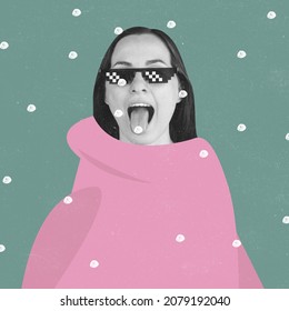 Contemporary art collage of woman wearing pink sweater and pixel galsses standing under snow isolated over green background. Concept of winter, style, art, holiday, Christmas and New Year. ad - Powered by Shutterstock