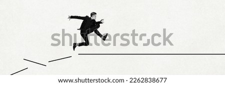 Contemporary art collage. Young ambitious man in suit overcoming difficulties and moving forward to professional success. Banner. Business, career development, motivation, challenges, growth concept