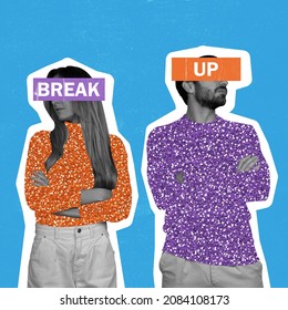 Contemporary Art Collage Of Young Couple Suffering From Break Up Isolated Over Blue Background. Eyes Hidden Behind Text. Concept Of Social Issues, Mentality, Psychology, Support. Copy Space For Ad