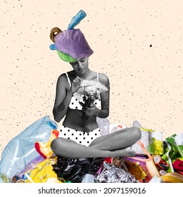 Contemporary art collage of young girl with flowers sitting on rubbish symbolizinf the need of planet preservation. Concept of environment, recycling, preservation, nature. Copy space for ad