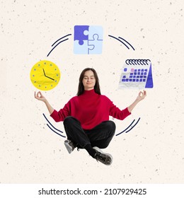 Contemporary art collage. young girl, office worker sitting in yoga pose and meditating with time management cycle. Discipline. Concept of work balance, success, comfort and time