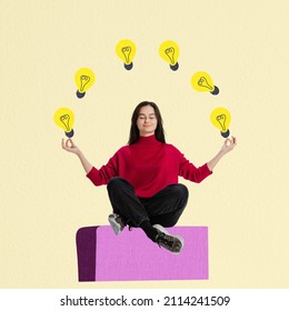 Contemporary art collage. Young girl sitting in yoga pose, doing meditation and generating new ideas. Education. Motivated student. Concept of business, education, inspiration - Shutterstock ID 2114241509