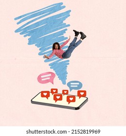 Contemporary art collage. Young girl falling down into phone screen filled with like icons and text messages. Concept of social media addiction, popularity, influence, modern lifestyle and ad - Shutterstock ID 2152819969