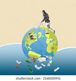 Contemporary art collage. Young girl with vacuum cleaner cleaning the earth from pollution and garbage. Save environment from trash. Concept of ecology, nature, awareness, global problems - Powered by Shutterstock