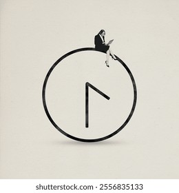 Contemporary art collage. Young girl, the secretary sits on clock and works, symbolizing deadlines. Minimalist design. Monochrome. Concept of motivation, professional growth, goal, aim, business, ad - Powered by Shutterstock